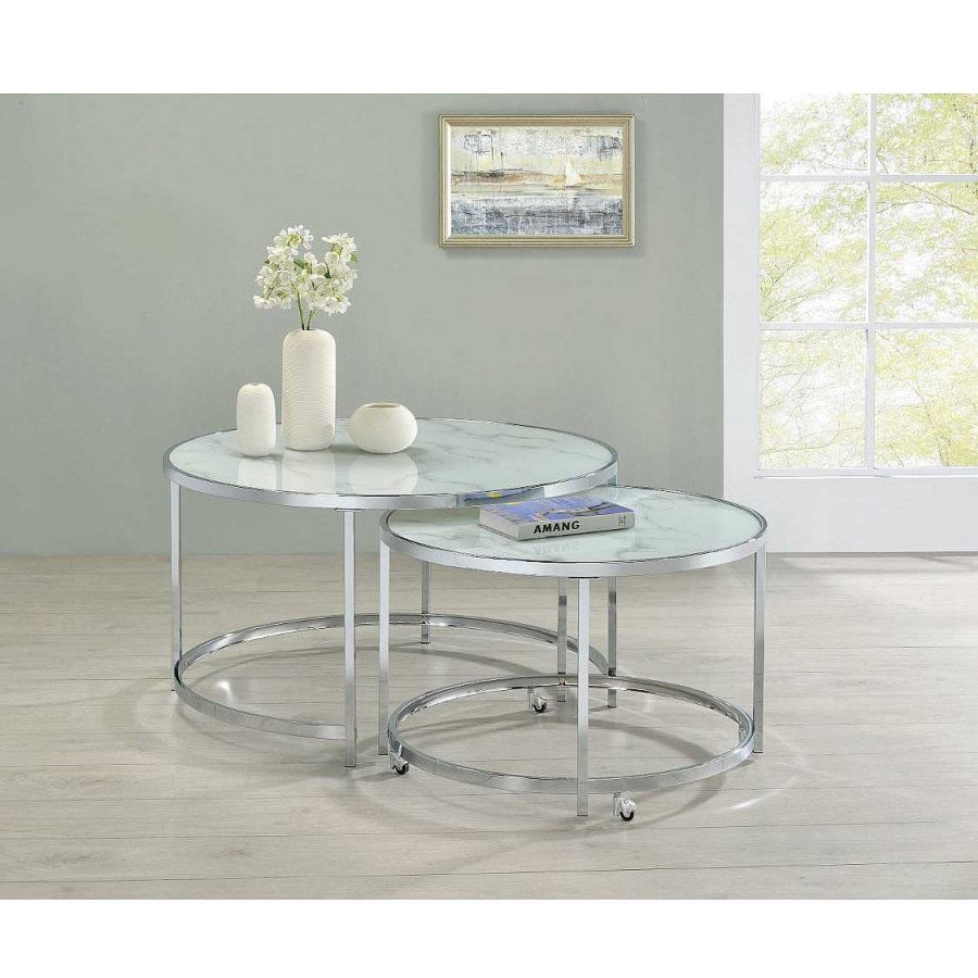 Salas Casa Muebles | 2-Piece Round Nesting Table White And Chrome