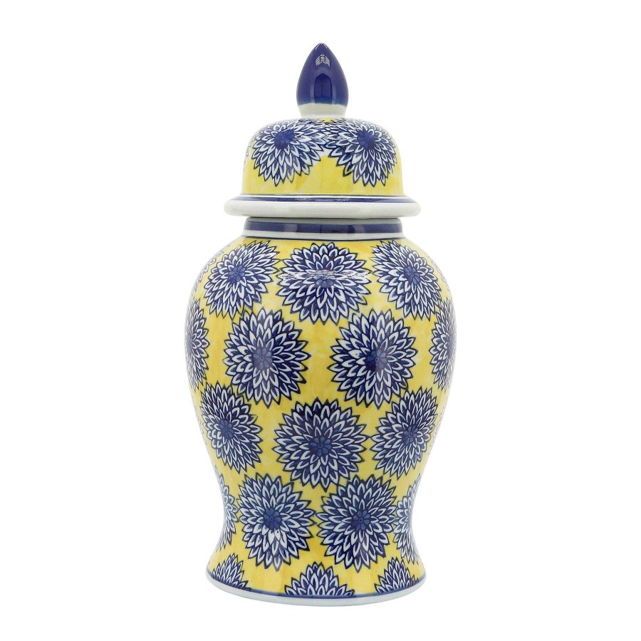 Decor Casa Muebles | 14.5" Temple Jar W/Dalhia Flower,Yellow/Blue