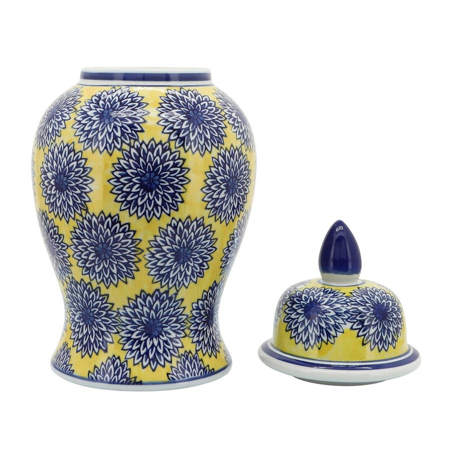 Decor Casa Muebles | 14.5" Temple Jar W/Dalhia Flower,Yellow/Blue